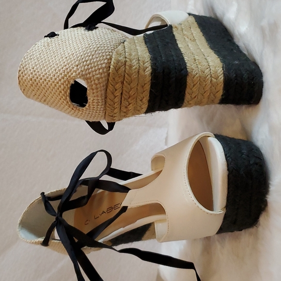 C Label Women's Tan and Black Lace-Up Wedges - Picture 1 of 5